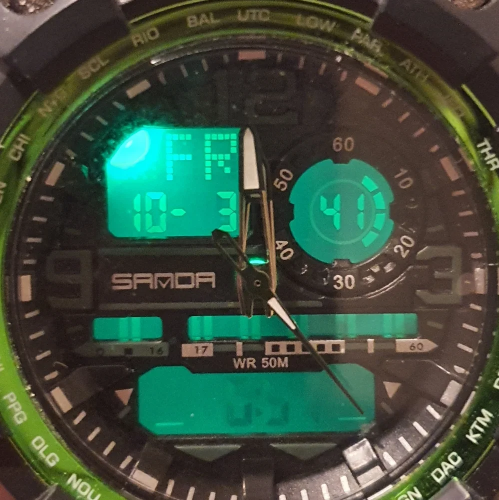 10/$20 Sanda Black/Green Ani-Digital Alarm Chrono Men's Watch